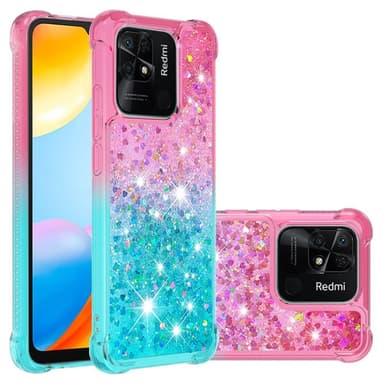 SKALO Xiaomi Redmi 10C Kvicksand Glitter Hjerter TPU Cover - Pink-Turkis