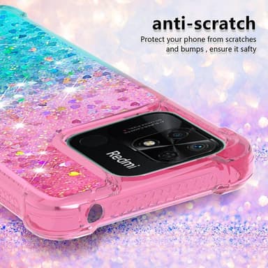 SKALO Xiaomi Redmi 10C Kvicksand Glitter Hjerter TPU Cover - Pink-Turkis