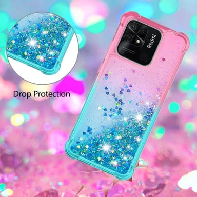 SKALO Xiaomi Redmi 10C Kvicksand Glitter Hjerter TPU Cover - Pink-Turkis