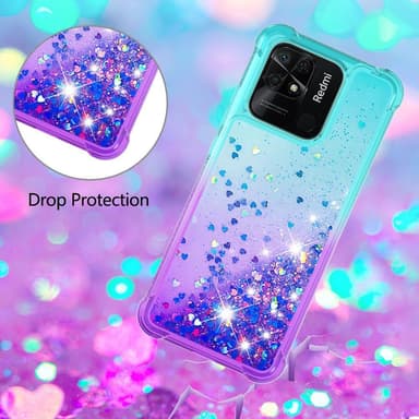 SKALO Xiaomi Redmi 10C Kvicksand Glitter Hjerter TPU Cover - Turkis-Lilla