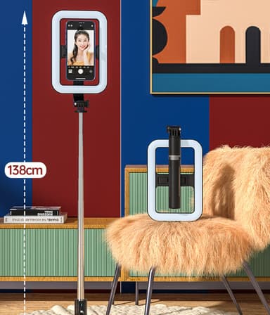 Selfie Stick-stativ med firkantet lys Sort