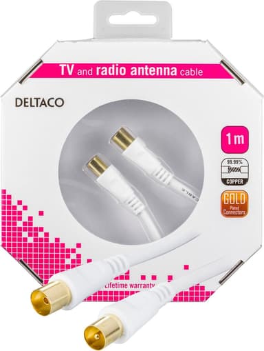 DELTACO antennekabel, 75 Ohm, ferritkerner, forgyldt, 1 m, hvid