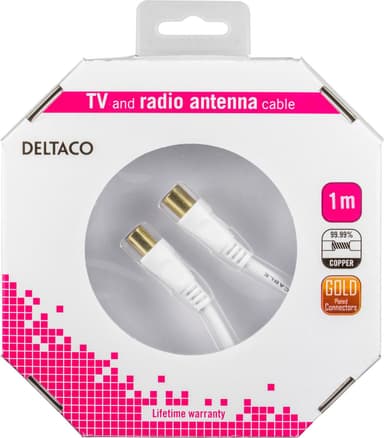 DELTACO antennekabel, 75 Ohm, ferritkerner, forgyldt, 1 m, hvid