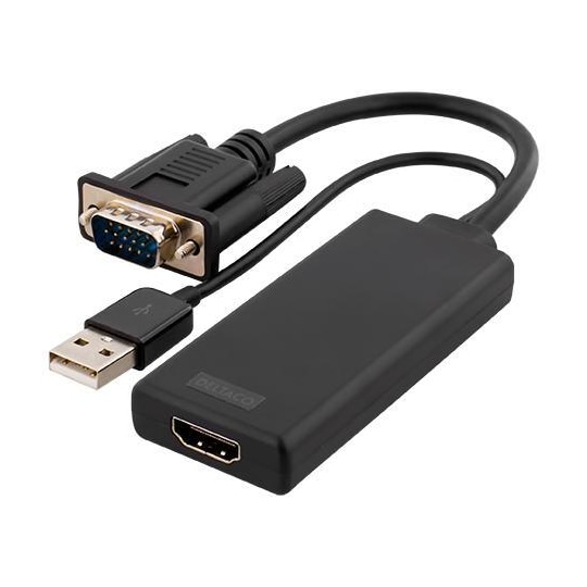 DELTACO VGA to HDMI adapter, audio via USB, 1080p, black