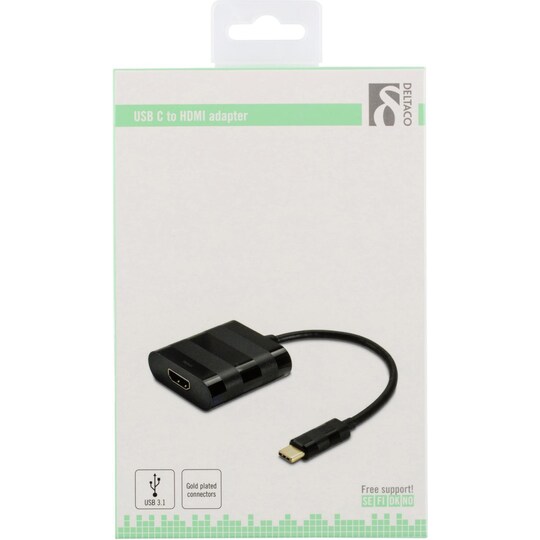 DELTACO, USB 3.1 til HDMI adapter, USB-C han - HDMI hun, sort
