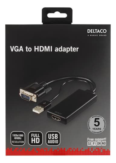 DELTACO VGA to HDMI adapter, audio via USB, 1080p, black