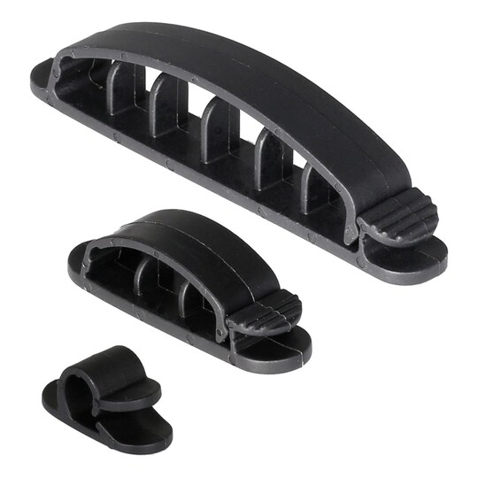 DELTACO adhesive cable clamps in plastic, 1/3/6 slots, 10-pack, black