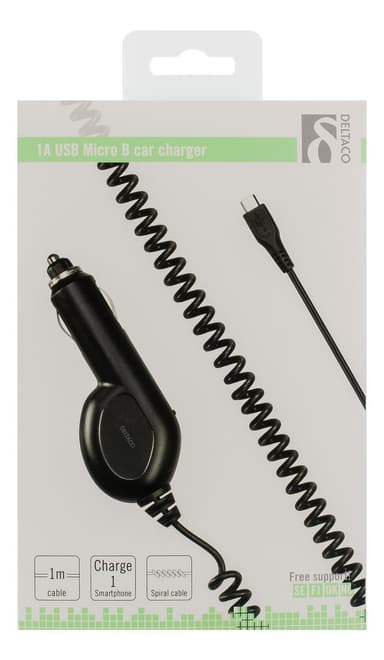 DELTACO Car Charger with Micro USB, 1A, 12-24V, 1m spiral cable, black