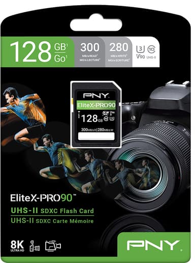 PNY 128GB EliteX-PRO 90 Class 10 U3 V90 UHS-II SD Flash hukommelseskort