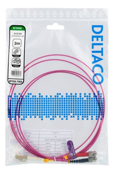 DELTACO Fiber cable, 2m, LC-ST Duplex, 50/125, pink