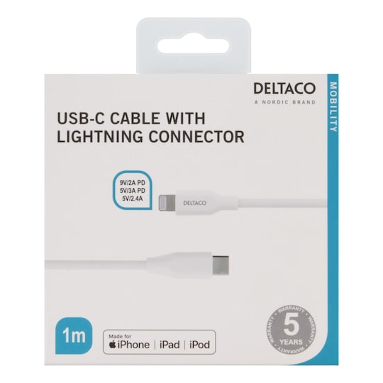 DELTACO USB-C to Lightning cable, 1m, 9V/2A  5V/3A PD, 5V/2.4A, white