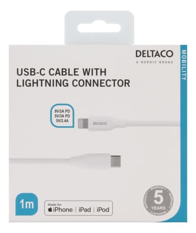 DELTACO USB-C to Lightning cable, 1m, 9V/2A  5V/3A PD, 5V/2.4A, white
