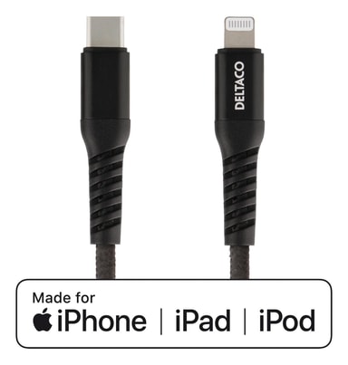 DELTACO USBC Lightning cable, 1m, 9V/2A, 5V/3A PD, 5V/2.4A, black
