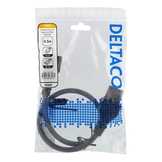 DELTACO extension cord IEC C15 - IEC C14, 0.5m, black