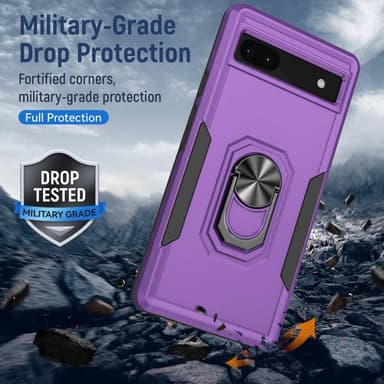 Google Pixel 6A Stødsikker TPU+PC Kickstand Telefonetui Bilmonteret Metalplade - Lilla/Sort
