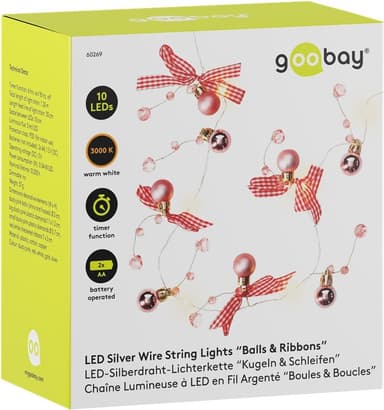 Goobay 10 LED lyskæde med sølvtråd ""Kugler & sløjfer""