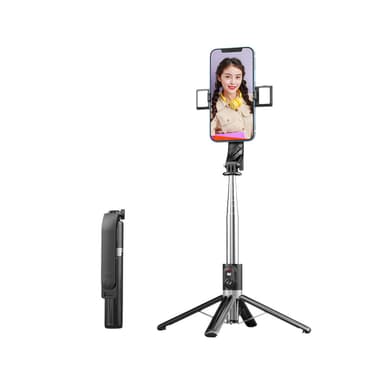 Justerbar selfie stick/stativ med LED lys 140 cm Sort