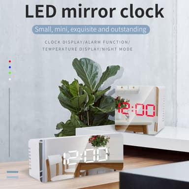 Multifunktionell spegel LED-väckarklocka med USB-laddningskabel Hvid