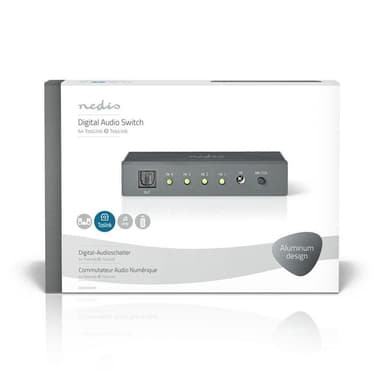 Digital Audio Switch | 4-vejs | Tilslutninger indgang: 4x TosLink | Tilslutninger udgang: 1x TosLink | Fjernbetjening / Manual | ABS / Metal | Mørkegrå