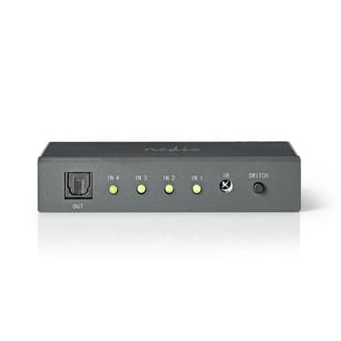 Digital Audio Switch | 4-vejs | Tilslutninger indgang: 4x TosLink | Tilslutninger udgang: 1x TosLink | Fjernbetjening / Manual | ABS / Metal | Mørkegrå