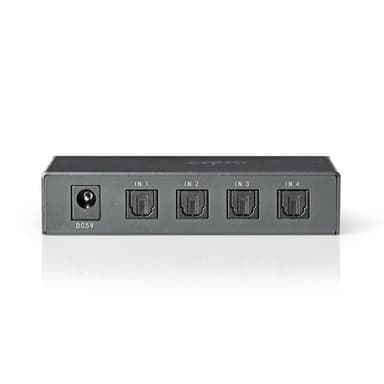 Digital Audio Switch | 4-vejs | Tilslutninger indgang: 4x TosLink | Tilslutninger udgang: 1x TosLink | Fjernbetjening / Manual | ABS / Metal | Mørkegrå