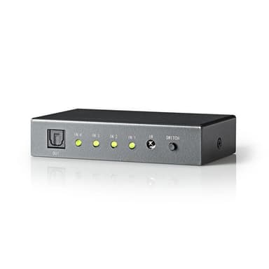 Digital Audio Switch | 4-vejs | Tilslutninger indgang: 4x TosLink | Tilslutninger udgang: 1x TosLink | Fjernbetjening / Manual | ABS / Metal | Mørkegrå