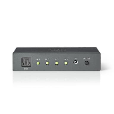 Digital Audio Switch | 4-vejs | Tilslutninger indgang: 4x TosLink | Tilslutninger udgang: 1x TosLink | Fjernbetjening / Manual | ABS / Metal | Mørkegrå