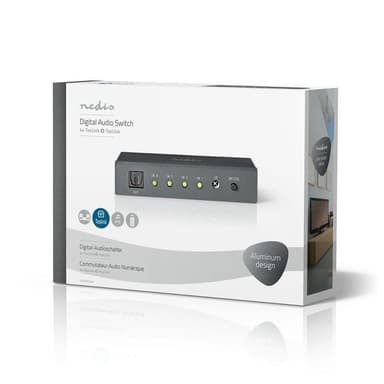 Digital Audio Switch | 4-vejs | Tilslutninger indgang: 4x TosLink | Tilslutninger udgang: 1x TosLink | Fjernbetjening / Manual | ABS / Metal | Mørkegrå