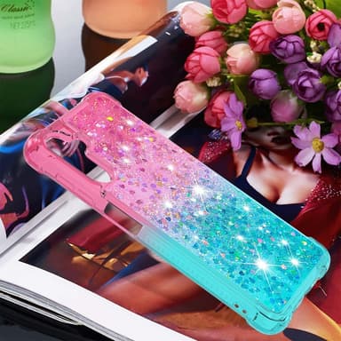 SKALO Samsung A54 5G Kvicksand Glitter Hjerter TPU Cover - Pink-Turkis