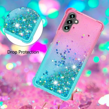SKALO Samsung A54 5G Kvicksand Glitter Hjerter TPU Cover - Pink-Turkis