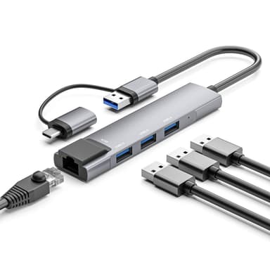 NÖRDIC USB-C og USB-A 3.1 til Ethernet Giga netværksadapter med 3xUSB3.1 hub Aluminium