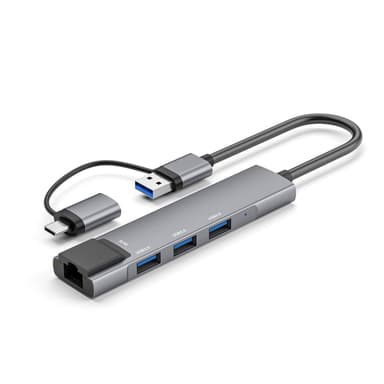 NÖRDIC USB-C og USB-A 3.1 til Ethernet Giga netværksadapter med 3xUSB3.1 hub Aluminium