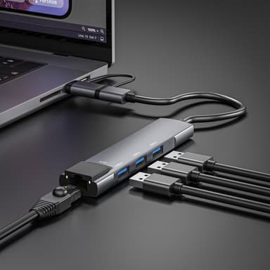 NÖRDIC USB-C og USB-A 3.1 til Ethernet Giga netværksadapter med 3xUSB3.1 hub Aluminium