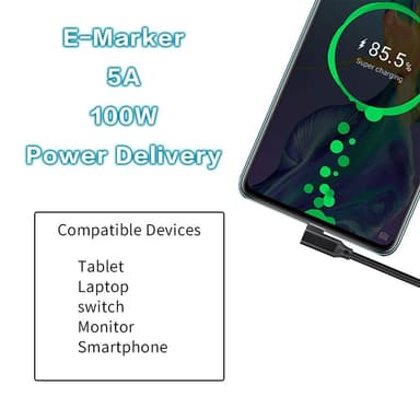 NÖRDIC 1,5 m 10 Gbps 5A strømforsyning PD100W med Emarker USB3.2 Gen2 USB-C til C nylonflettet kabel hurtig opladning