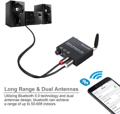 Digital til analog konverter 192 kHz DAC med 5,0 Bluetooth optisk koaksial og TOSLINK Digital Audio til Analog Stereo RCA & 3.5mm