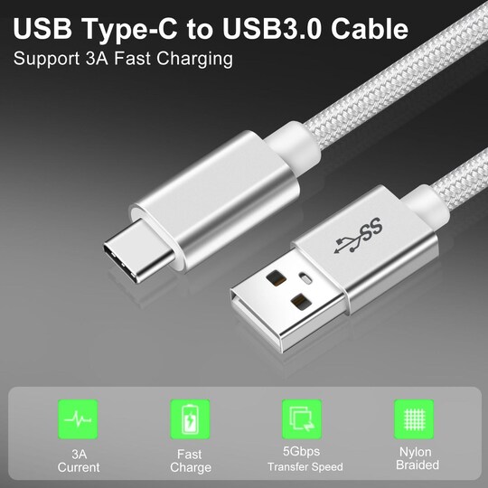 NÖRDIC 15cm USB C til USB A Kabel USB3.1 Gen1 Hurtig opladning 3A 60W 5Gbps Nylon Flettet Hvid