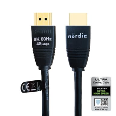 NÖRDIC CERTIFIED CABLES 1,5m Ultra High Speed ​​​​HDMI2.1 8K 60Hz 4K 120Hz 144Hz 48Gbps Dynamic HDR eARC Game Mode VRR Dolby ATMOS guldbelagt PVC sort