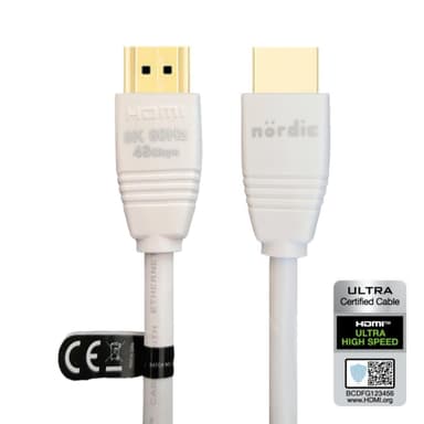 NÖRDIC CERTIFIED CABLES 2m Ultra High Speed ​​​​HDMI2.1 8K 60Hz 4K 120Hz 144Hz 48Gbps Dynamic HDR eARC Game Mode VRR Dolby ATMOS guldbelagt PVC hvid