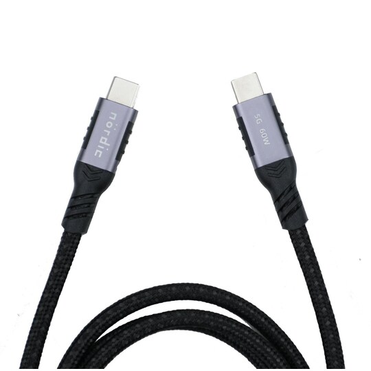 NÖRDIC 50cm USB3.2 Gen1 USB-C til C nylonflettet kabel hurtig opladning 3A 5Gbps Strømforsyning PD 60W