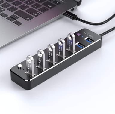 NÖRDIC 7-ports USB 3.0 HUB med individuel switch 5Gbps 25cm kabel aluminium sort