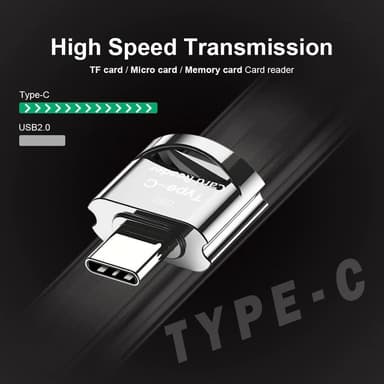 NÖRDIC USB-C 3.1 kortlæser med nøglering 5Gbps TF, MicroSD, Micro SDHC, Micro SDXC 2TB UHS-I sølv