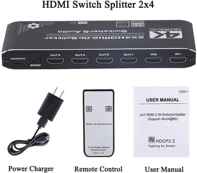 NÖRDIC HDMI Splitter 2 til 4 med lydudtrækker 4K60Hz HDCP2.2 HDR 3D