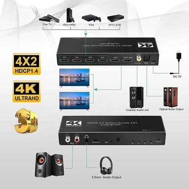 NÖRDIC HDMI Switch 4 på 2 med lyd emhætte og ARC, i 4Kx2K 60Hz, HDCP 2.2, 5.1 surround, Metal