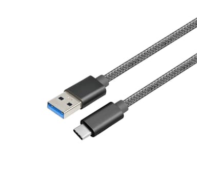 NÖRDIC 15cm C USB-kabel til USB A USB3.1 Gen1 hurtig opladning 60W 5Gbps 3A, Nylon Flettet plads grå