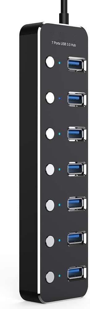 NÖRDIC 7-ports USB 3.0 HUB med individuel switch 5Gbps 25cm kabel aluminium sort
