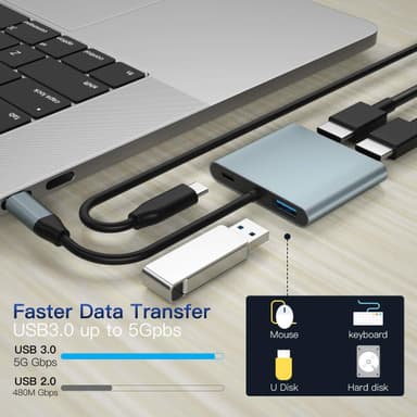 N RDIC USB C till 2xHDMI adapter 4K30Hz 1xUSB C 60W PD 1xUSB A3.1