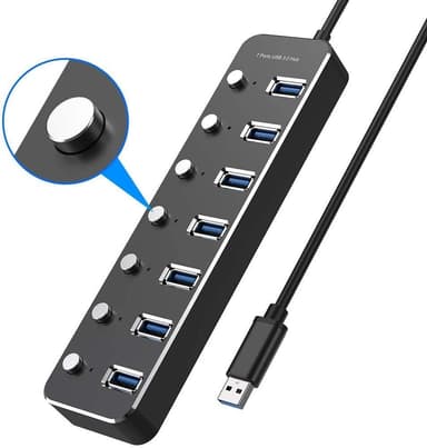 NÖRDIC 7-ports USB 3.0 HUB med individuel switch 5Gbps 25cm kabel aluminium sort