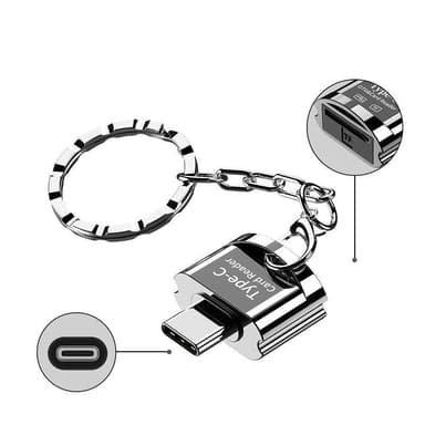 NÖRDIC USB-C 3.1 kortlæser med nøglering 5Gbps TF, MicroSD, Micro SDHC, Micro SDXC 2TB UHS-I sølv