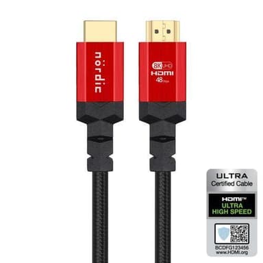 NÖRDIC CERTIFIED CABLES 1.5m HDMI 2.1 Ultra High Speed ​​8K 60Hz 4K 120Hz 48Gbps Dynamisk HDR Earc Game Mode VRS Dolby atmos nylon Flettet Forgyldt