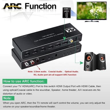 NÖRDIC HDMI Switch 4 på 2 med lyd emhætte og ARC, i 4Kx2K 60Hz, HDCP 2.2, 5.1 surround, Metal